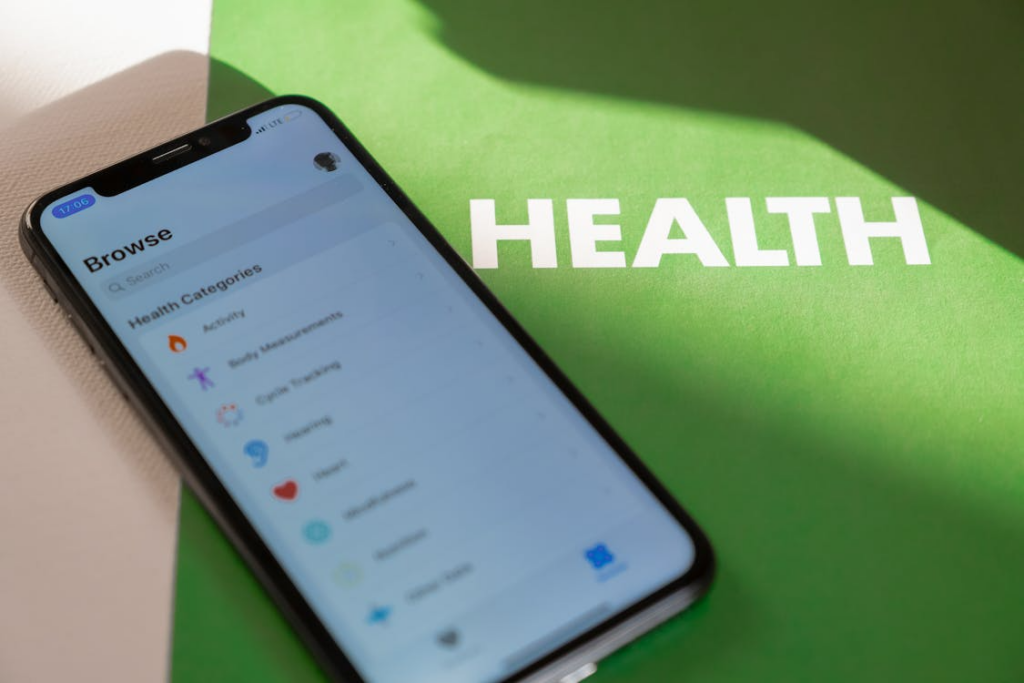 AI mental health tools displayed through a mobile app offering guided health categories